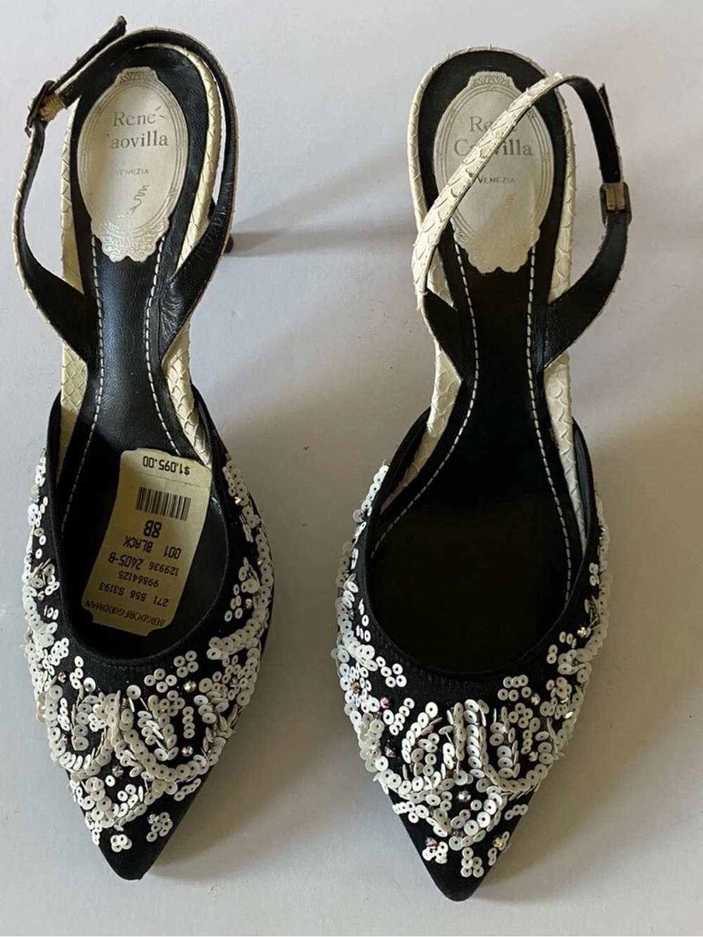 Rene Caovilla Black and White Snakeskin Sequin Slingback Heels
